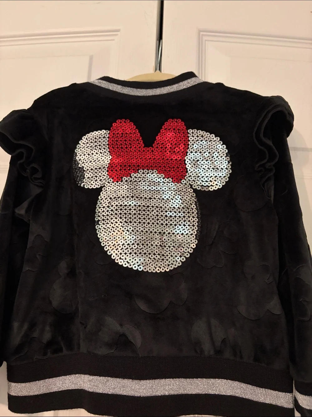 Disney Minnie Mouse Full Zip Velvet Jacket With Sequinned Minnie On Back 2T EUC